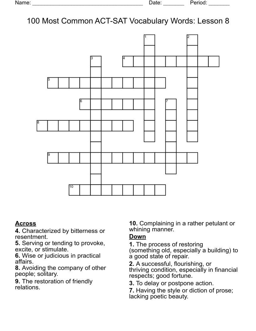 100 Most Common ACT SAT Vocabulary Words Lesson 8 Crossword WordMint
