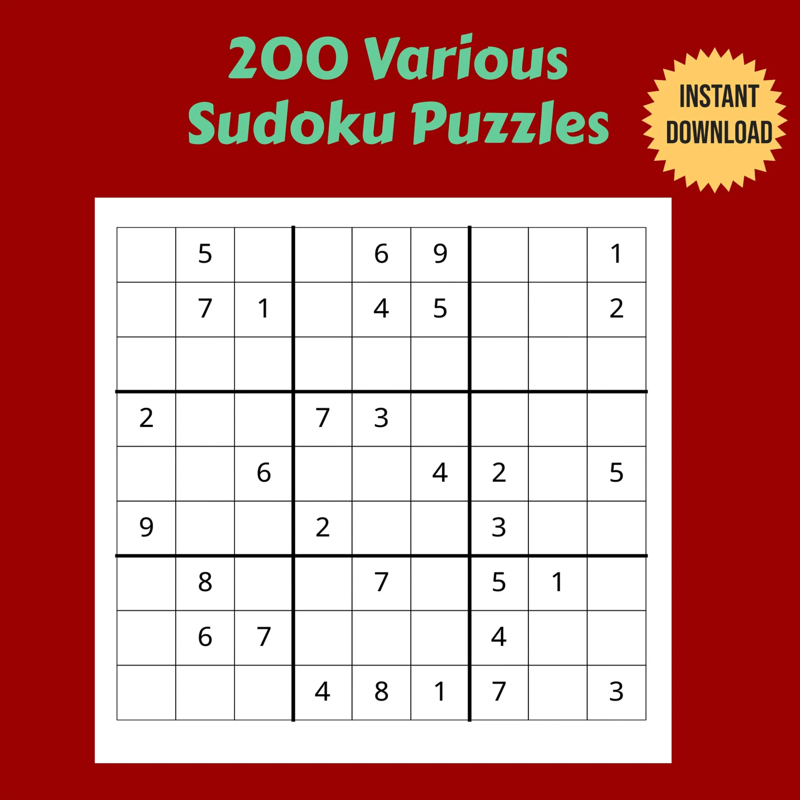 200 Variety Of Printable Sudoku Puzzles Easy Medium And Hard Etsy Hong Kong