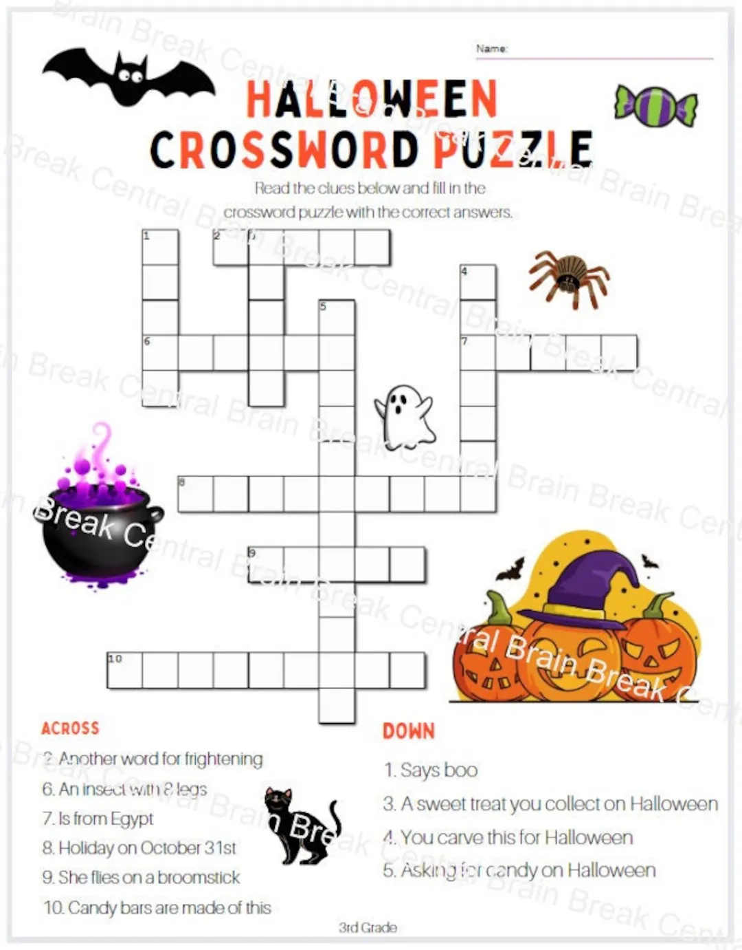 3rd Grade Halloween Crossword Puzzle With Answer Key Etsy Hong Kong
