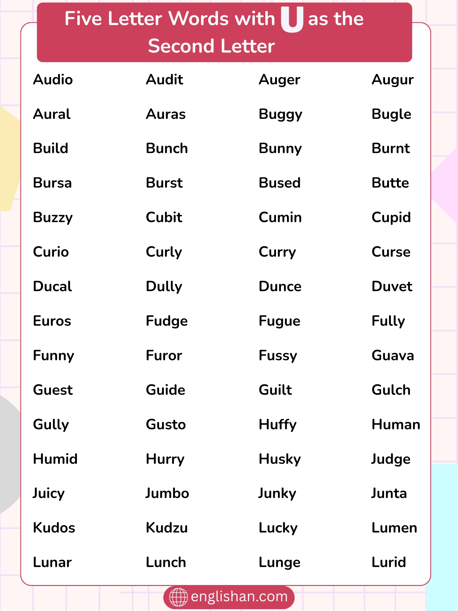 642 Five Letter Words With U As The Second Letter In English
