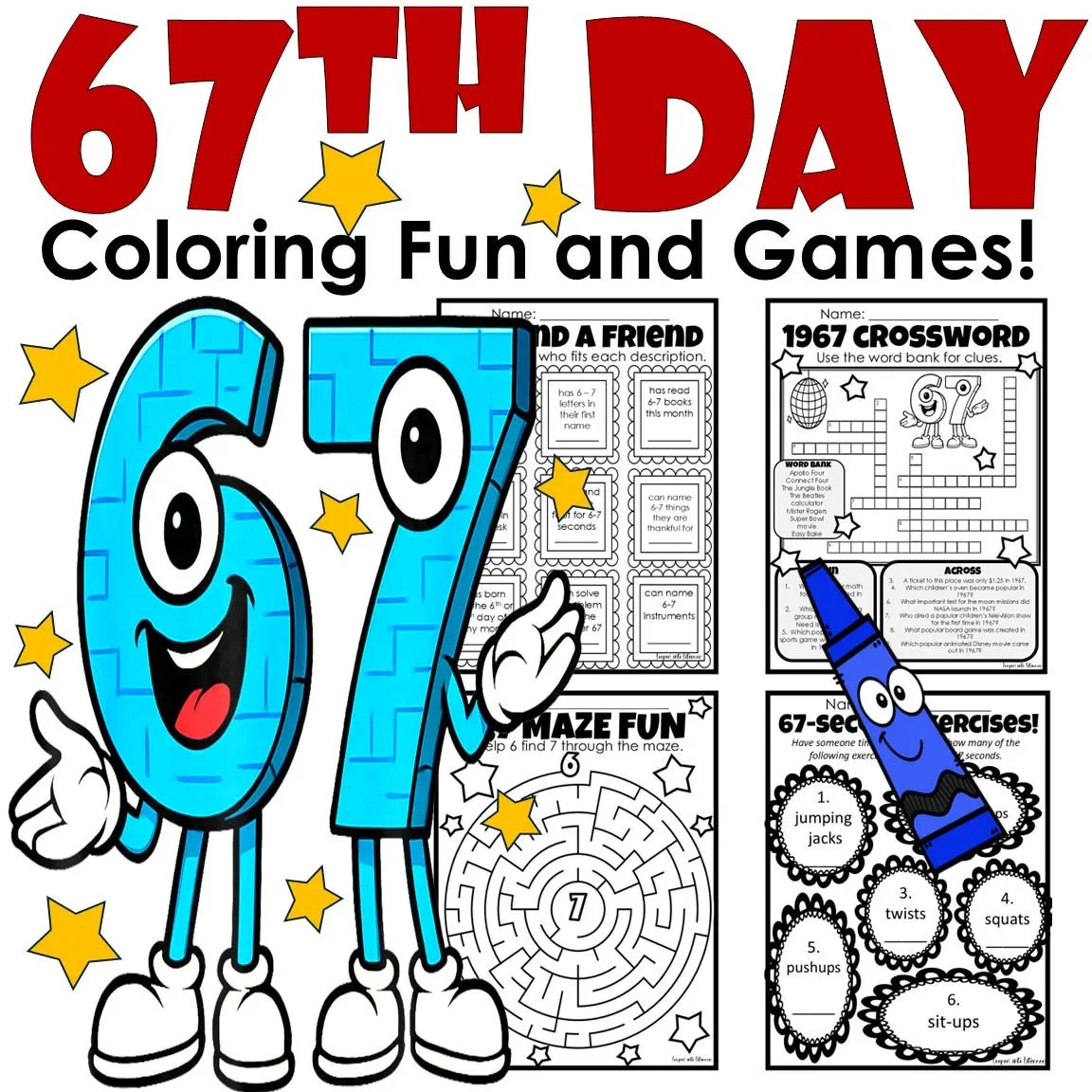 67th Day Of School Fun Pack 6 7 Wordsearch Coloring Pages Games Crossword Maze Etsy