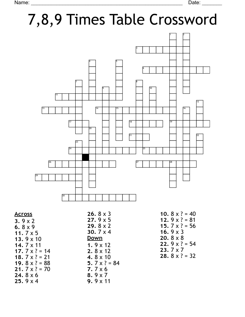 7 8 9 Times Table Crossword WordMint 7 8 9 Times Table Crossword WordMint