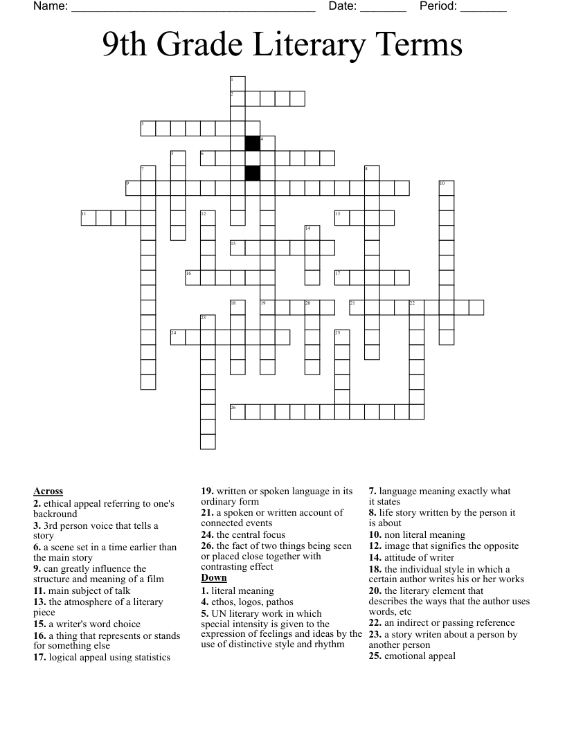 9th Grade Literary Terms Crossword WordMint