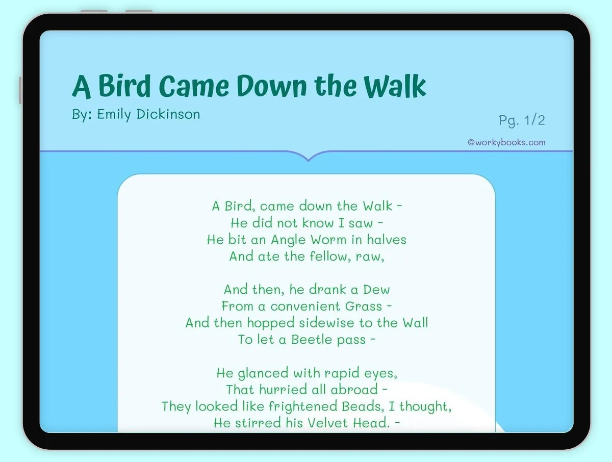 A Bird Came Down The Walk Emily Dickinson Worksheet RL 4 7 Workybooks For Teachers Parents Homeschoolers Printable Interactive