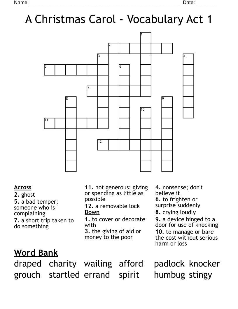 A Christmas Carol Vocabulary Act 1 Crossword WordMint