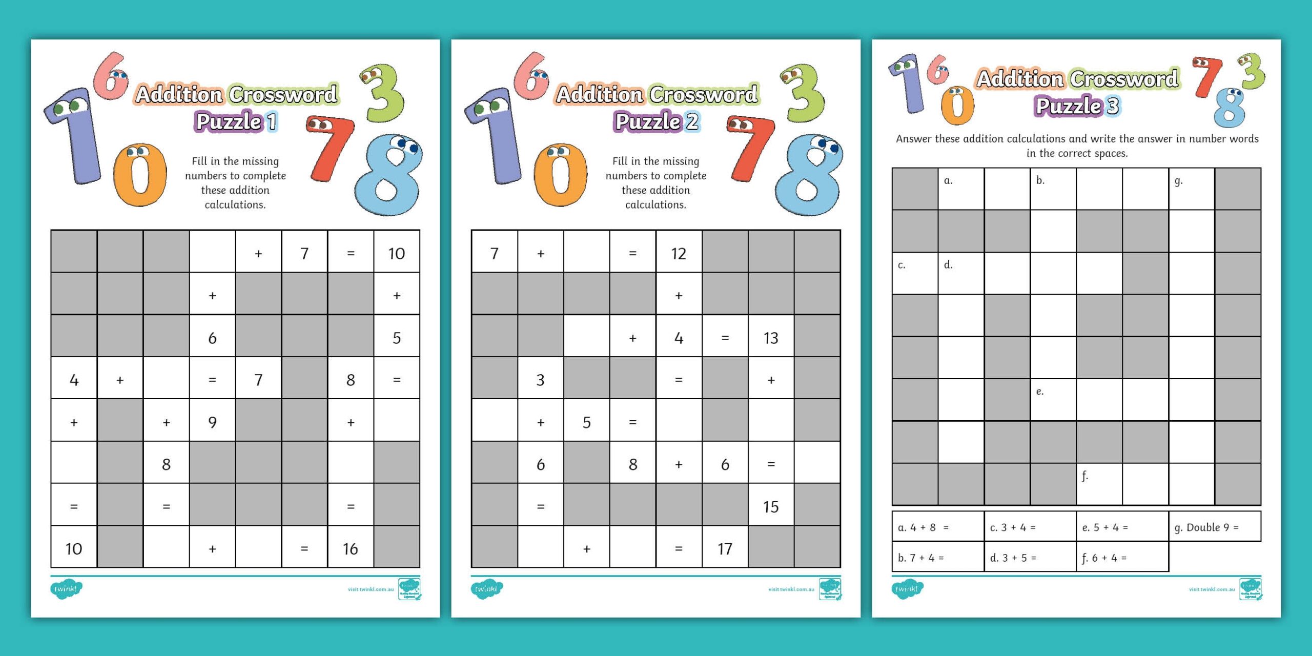 Addition Crossword Puzzle Set 1