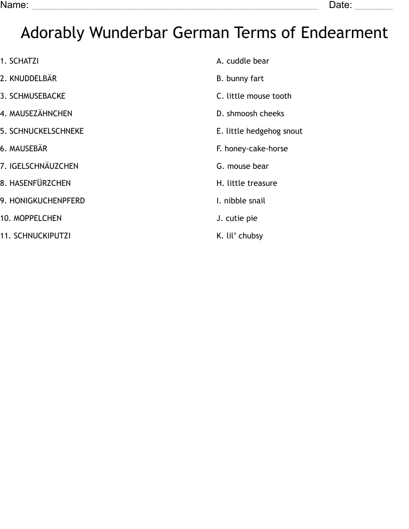 Adorably Wunderbar German Terms Of Endearment Worksheet WordMint