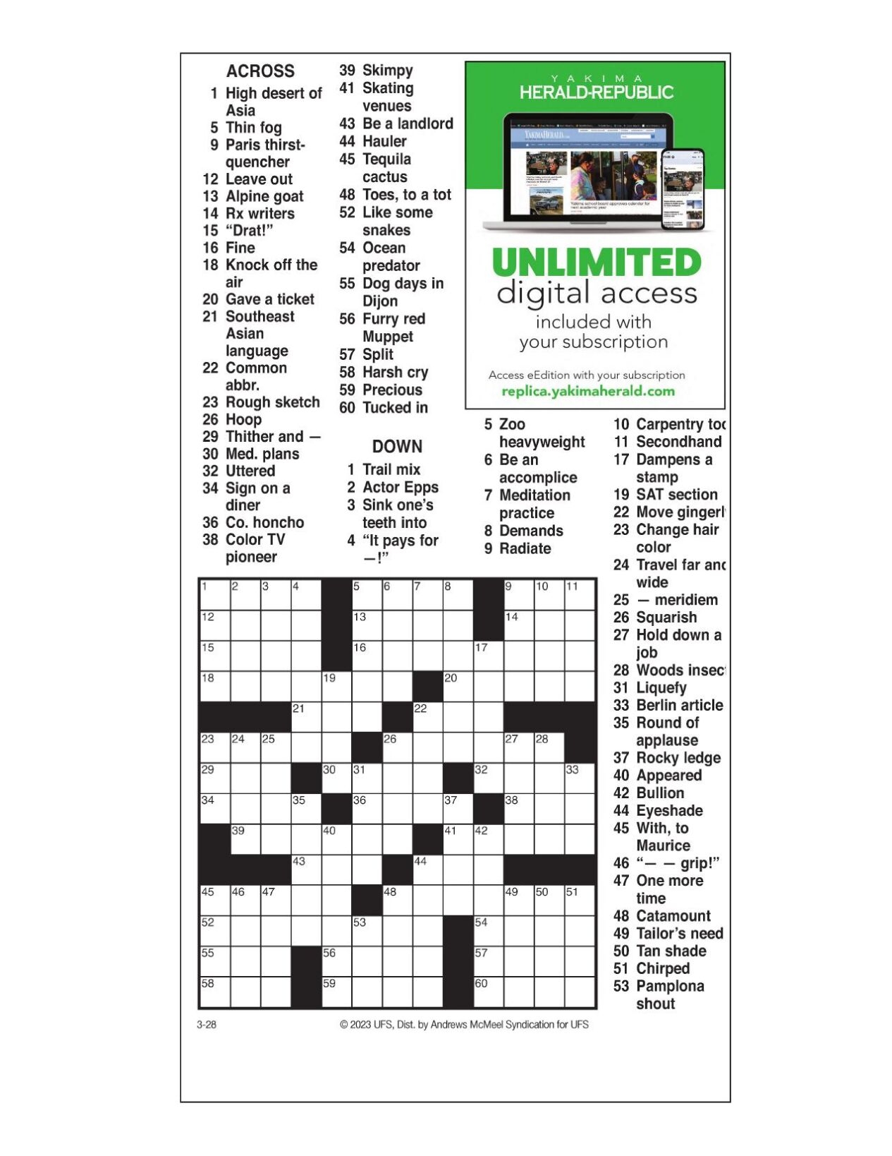 AM Crossword March 28 2023 Crosswords Yakimaherald