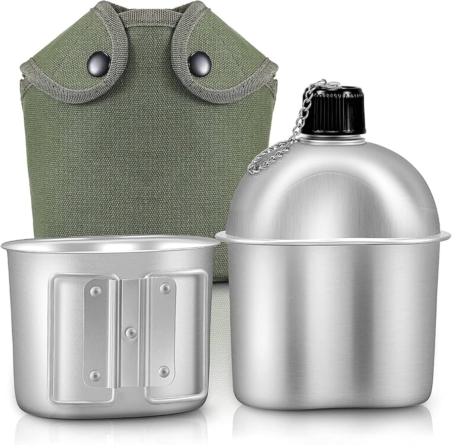 Amazon LinaLife Military Army Canteen 1QT Aluminum Cup Water Bottle Mug Nylon Cover Hiking Portable Water Bottle Stainless Steel Military Canteen With Cup Green Bag Outdoor Sport Camping Hiking Travel Sports