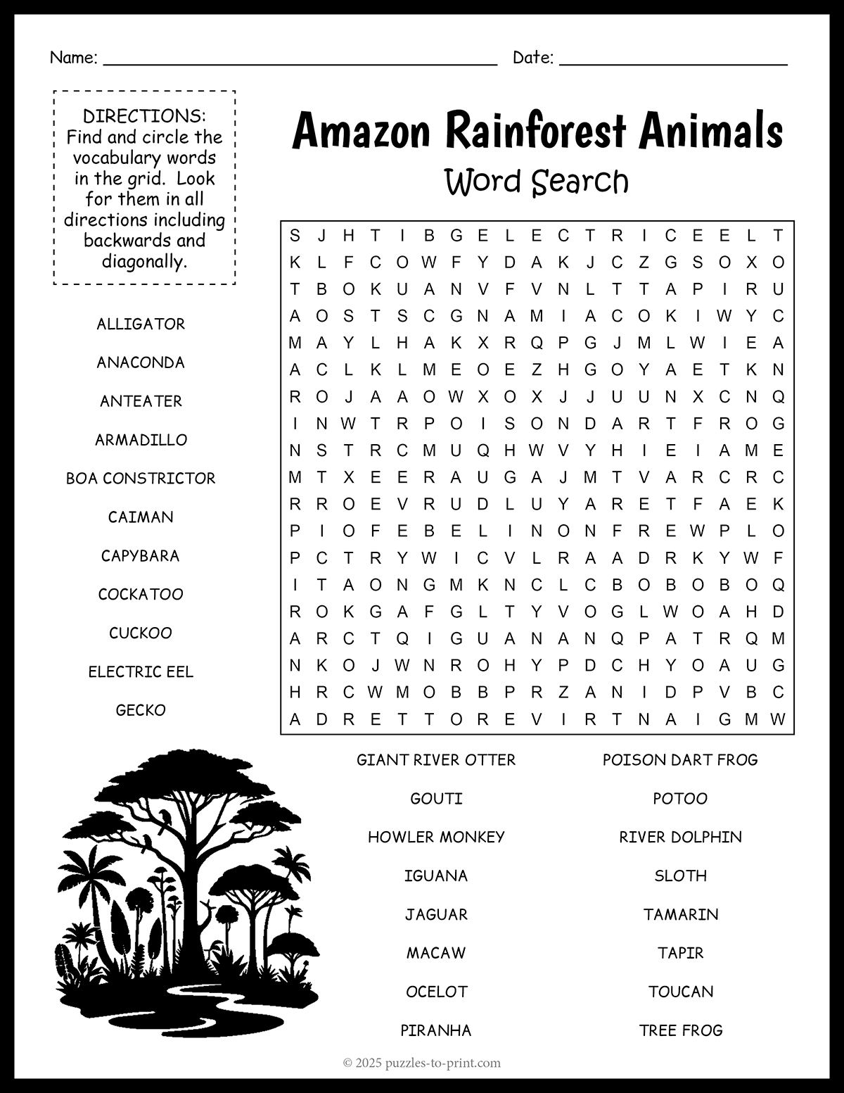 Amazon Rainforest Animals Word Search
