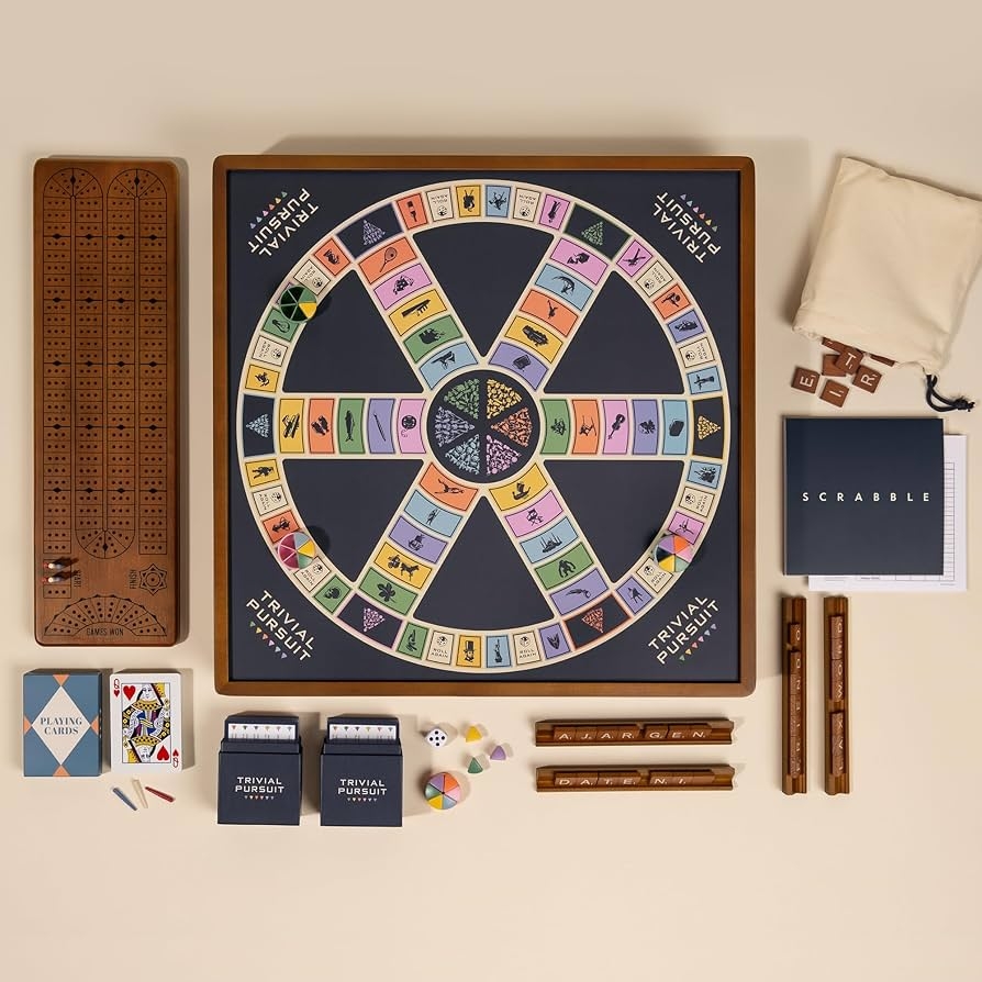 Amazon Scrabble Trivial Pursuit And Cribbage 3 in 1 Premium Game Collection By WS Game Company With Rotating Wooden Cabinet Reversible Game Board And Built in Storage Family Board Games For 2 6 Players Toys