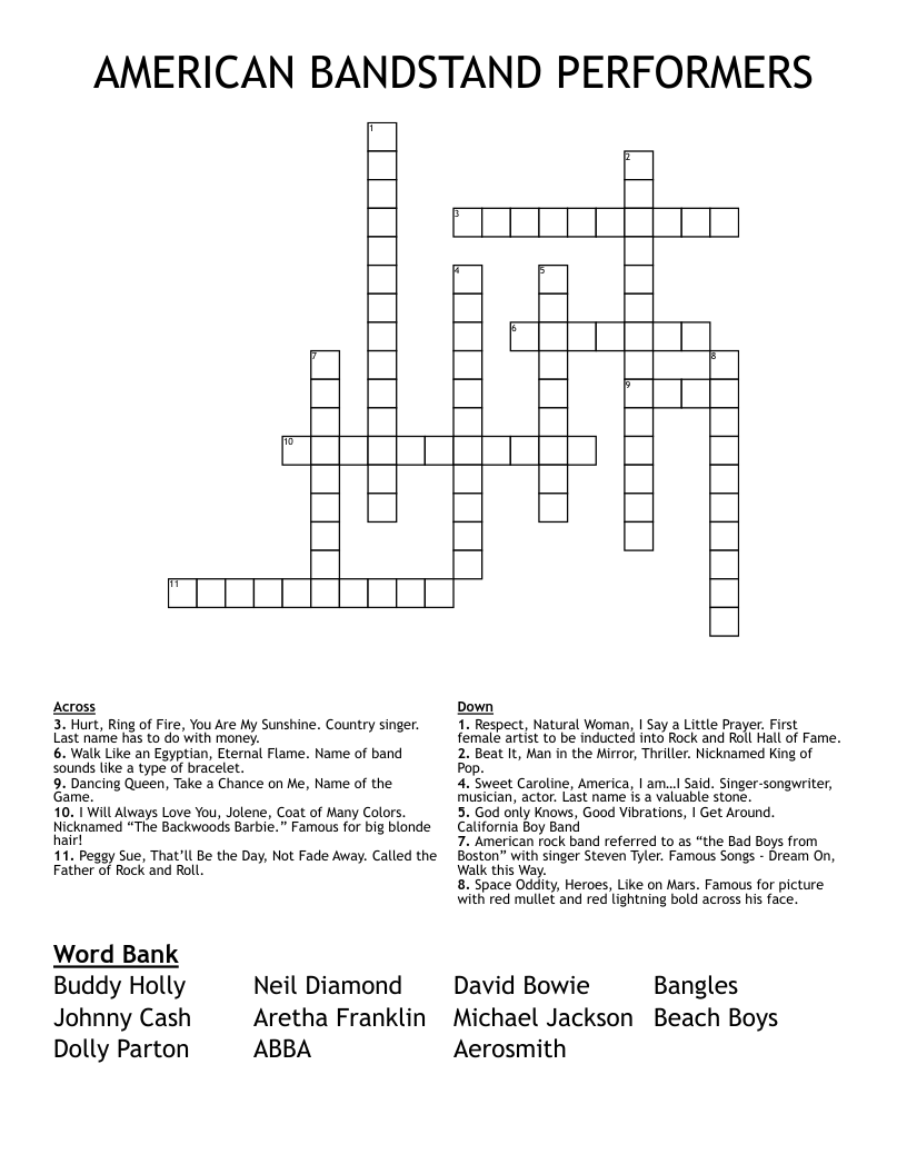 AMERICAN BANDSTAND PERFORMERS Crossword WordMint
