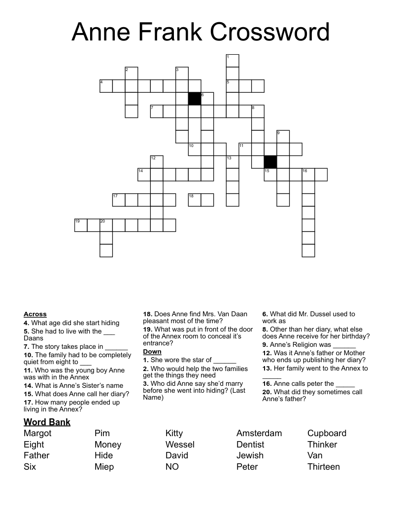 Anne Frank Crossword WordMint