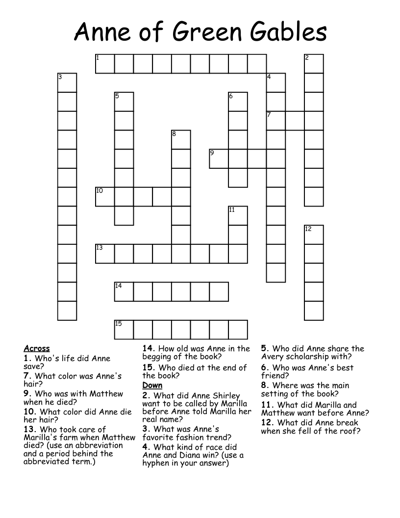 Anne Of Green Gables Crossword WordMint