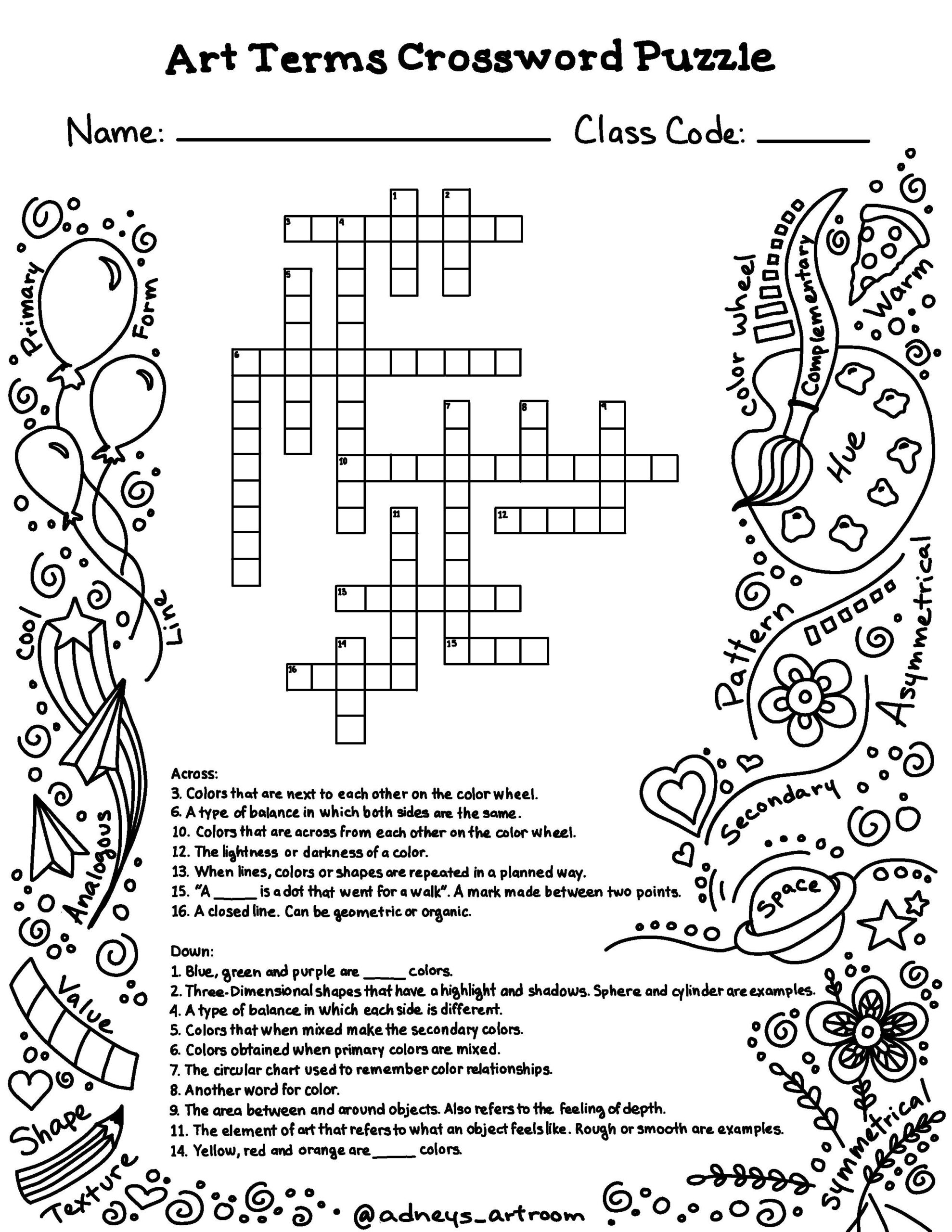Art Words Crossword Puzzle By Adney s Art Room TPT