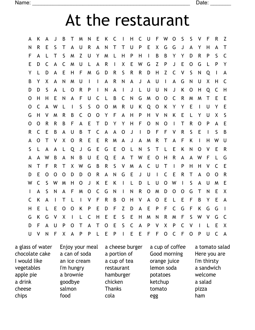 At The Restaurant Word Search WordMint