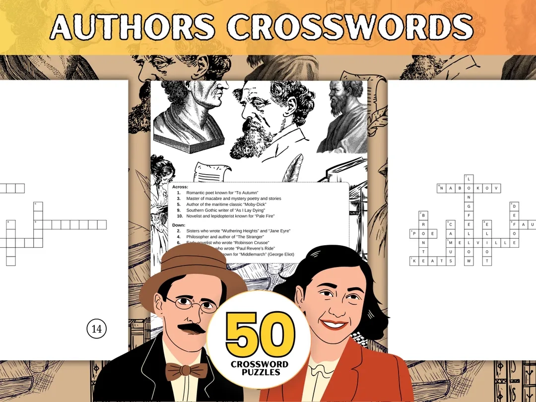 Authors Crossword Puzzle 50 Literary Puzzles PDF Download Etsy