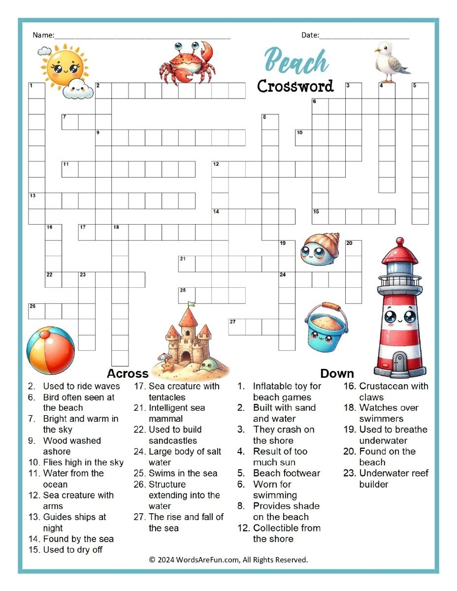 Beach Crossword Puzzle Printable