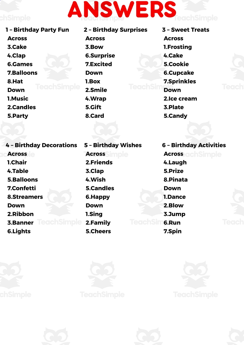 Birthday Crosswords PDF By Teach Simple
