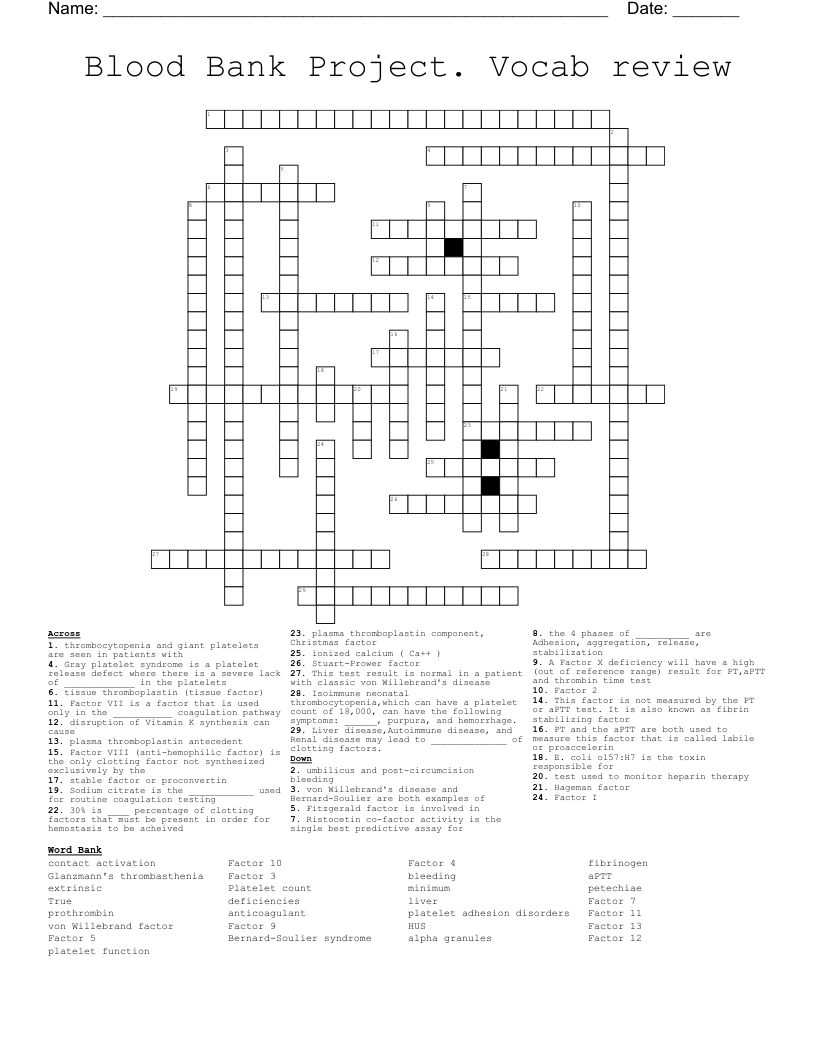 Blood Bank Project Vocab Review Crossword WordMint