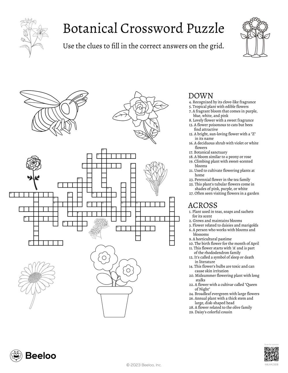 Botanical Crossword Puzzle Beeloo Printable Crafts And Activities For Kids
