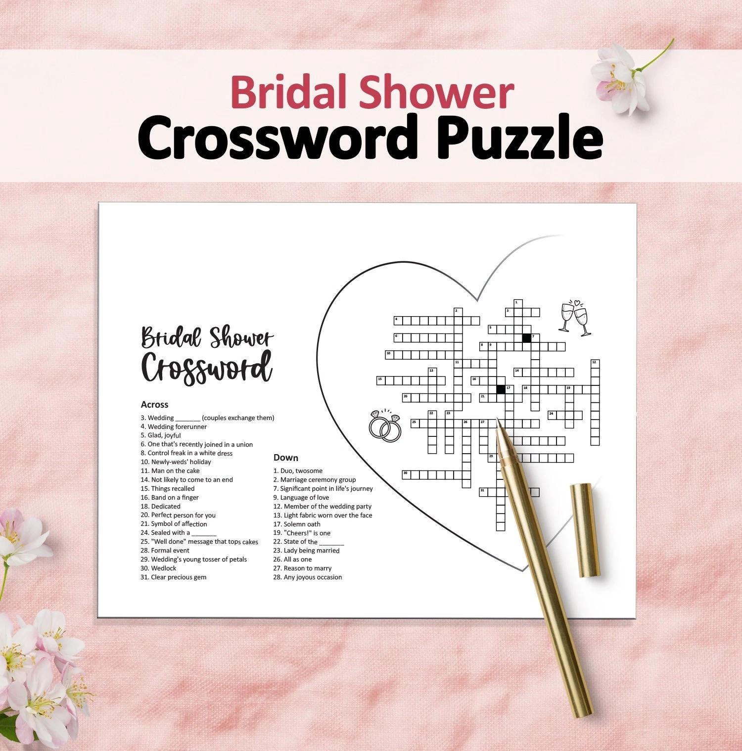 Bridal Games Bridal Shower Crossword Crossword Puzzle Bridal Shower Games Wedding Crossword Printable Games Wedding Games Party Games Etsy