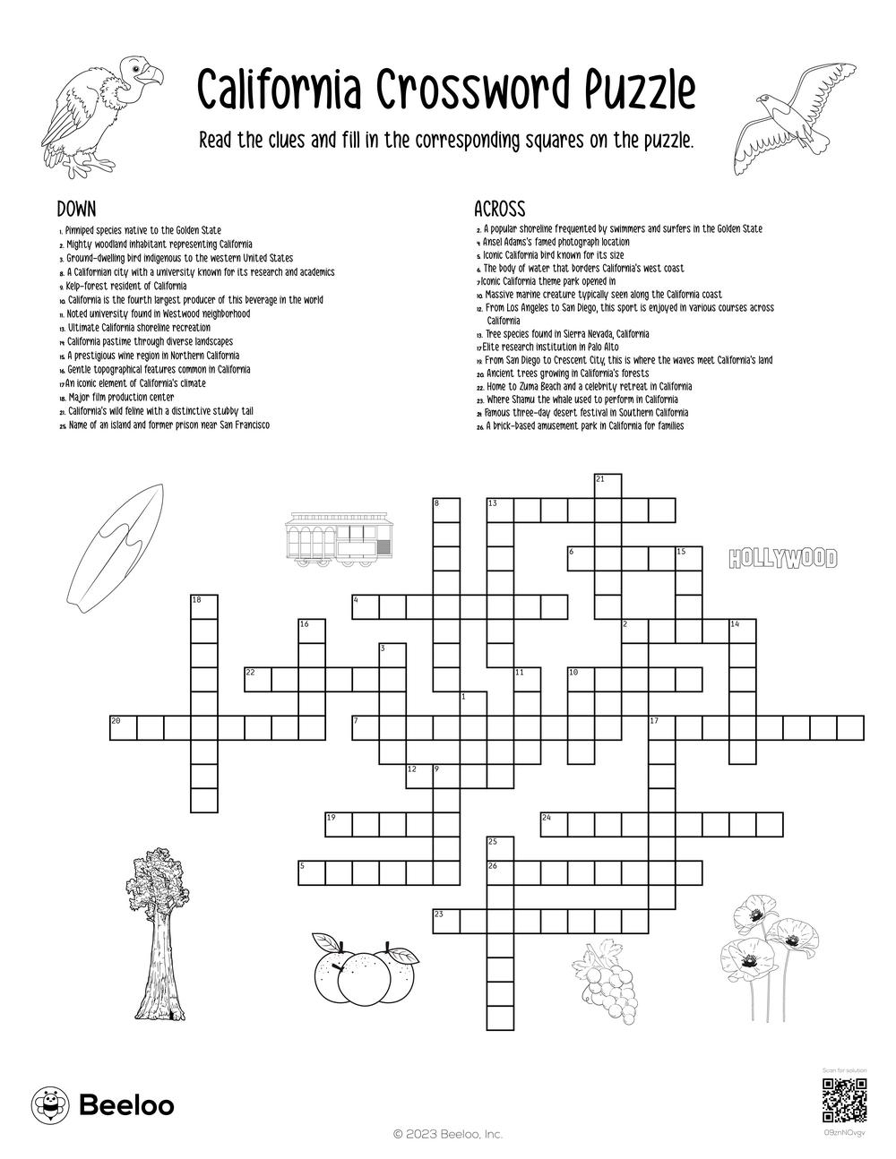 California Crossword Puzzle Beeloo Printable Crafts And Activities For Kids