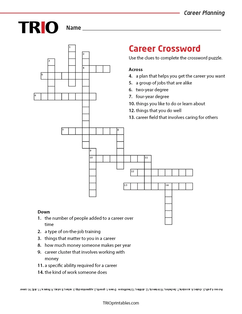 Career Crossword Activity Sheet TRIO Printables