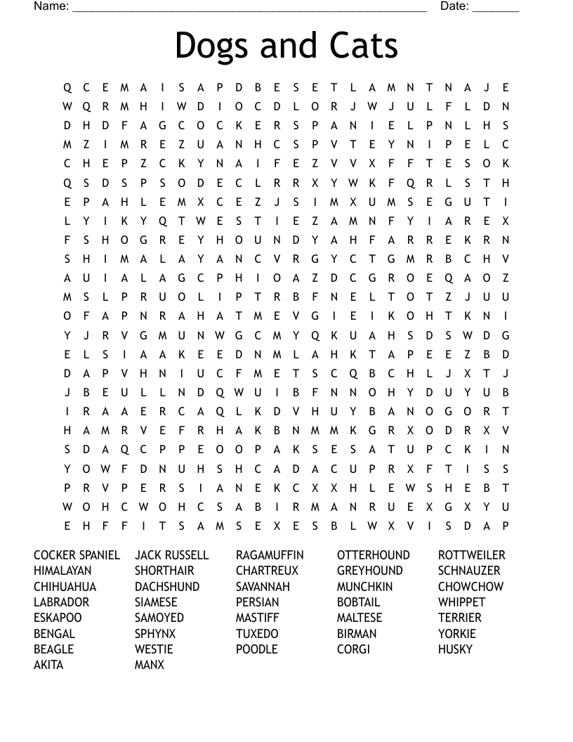 Cats And Dogs Word Search WordMint