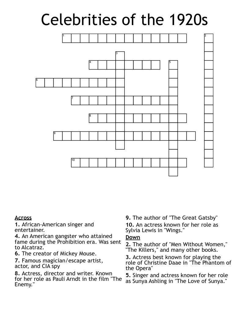 Celebrities Of The 1920s Crossword WordMint