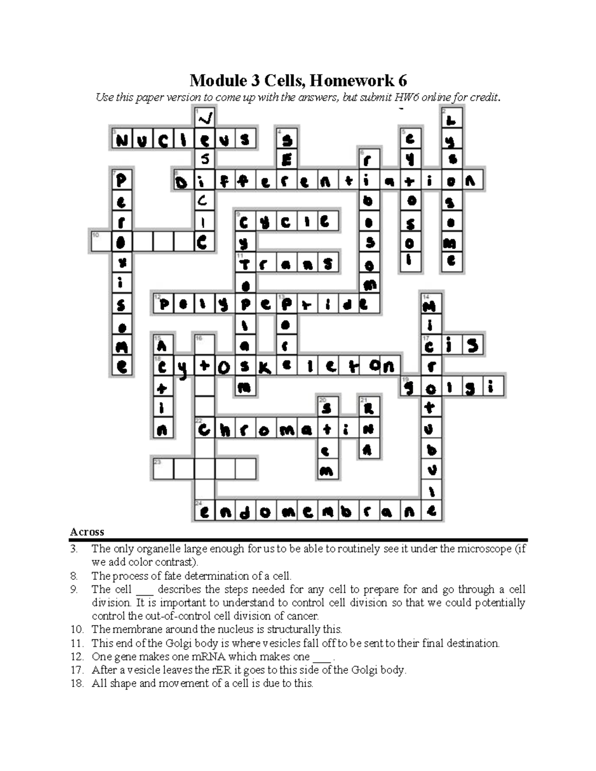 Cell Biology Crossword Puzzle Module 3 HW6 Studocu