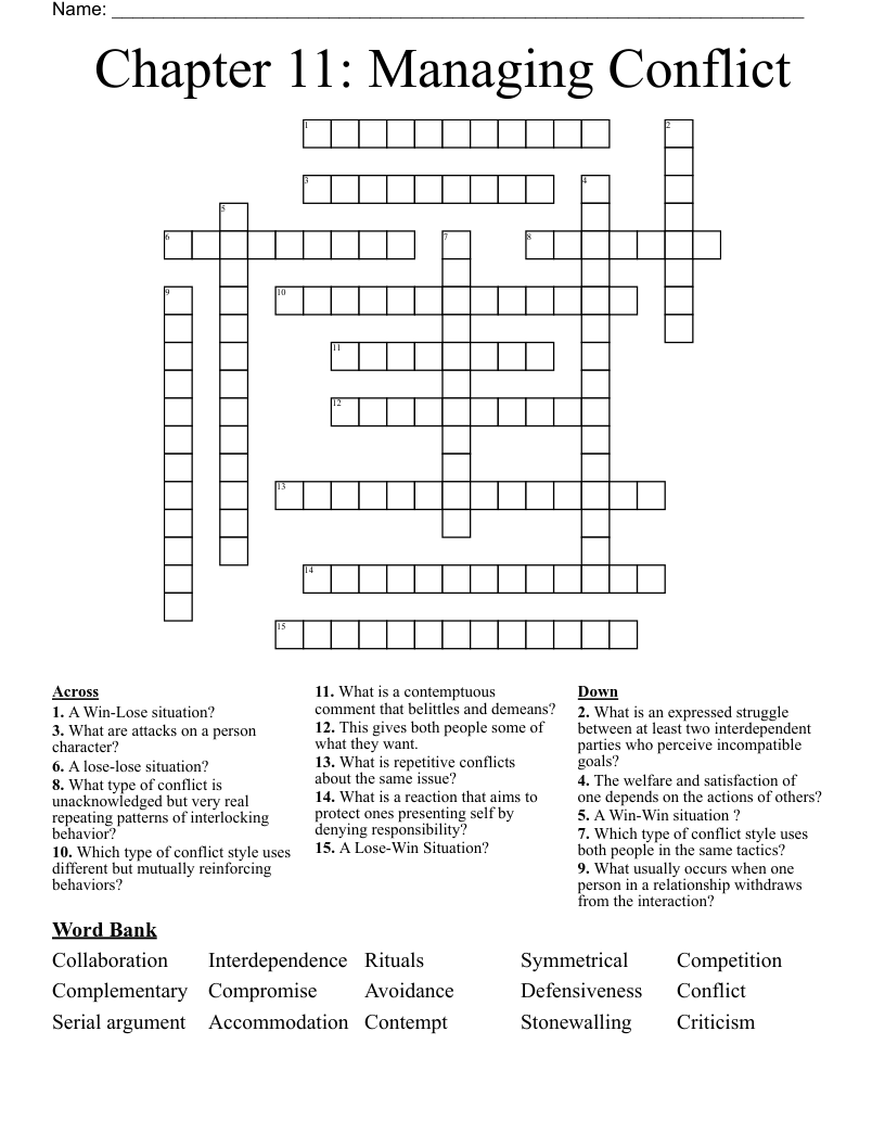 Chapter 11 Managing Conflict Crossword WordMint Chapter 11 Managing Conflict Crossword WordMint