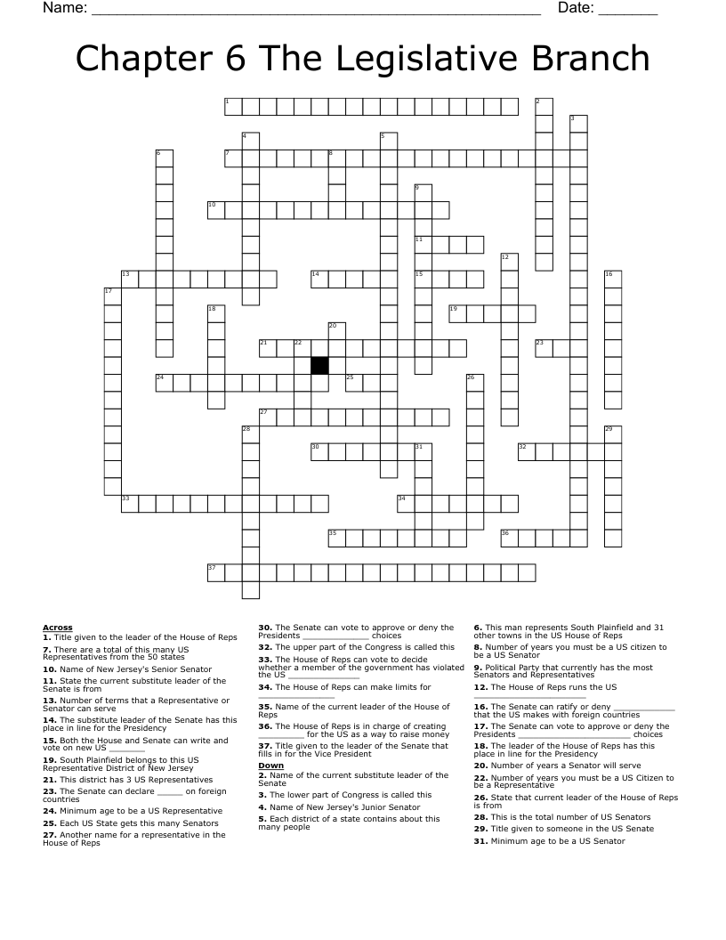 Chapter 6 The Legislative Branch Crossword WordMint