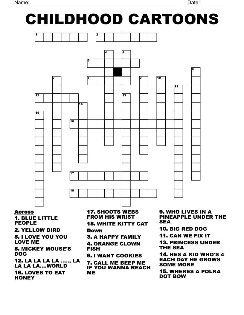 CHILDHOOD CARTOONS Crossword WordMint