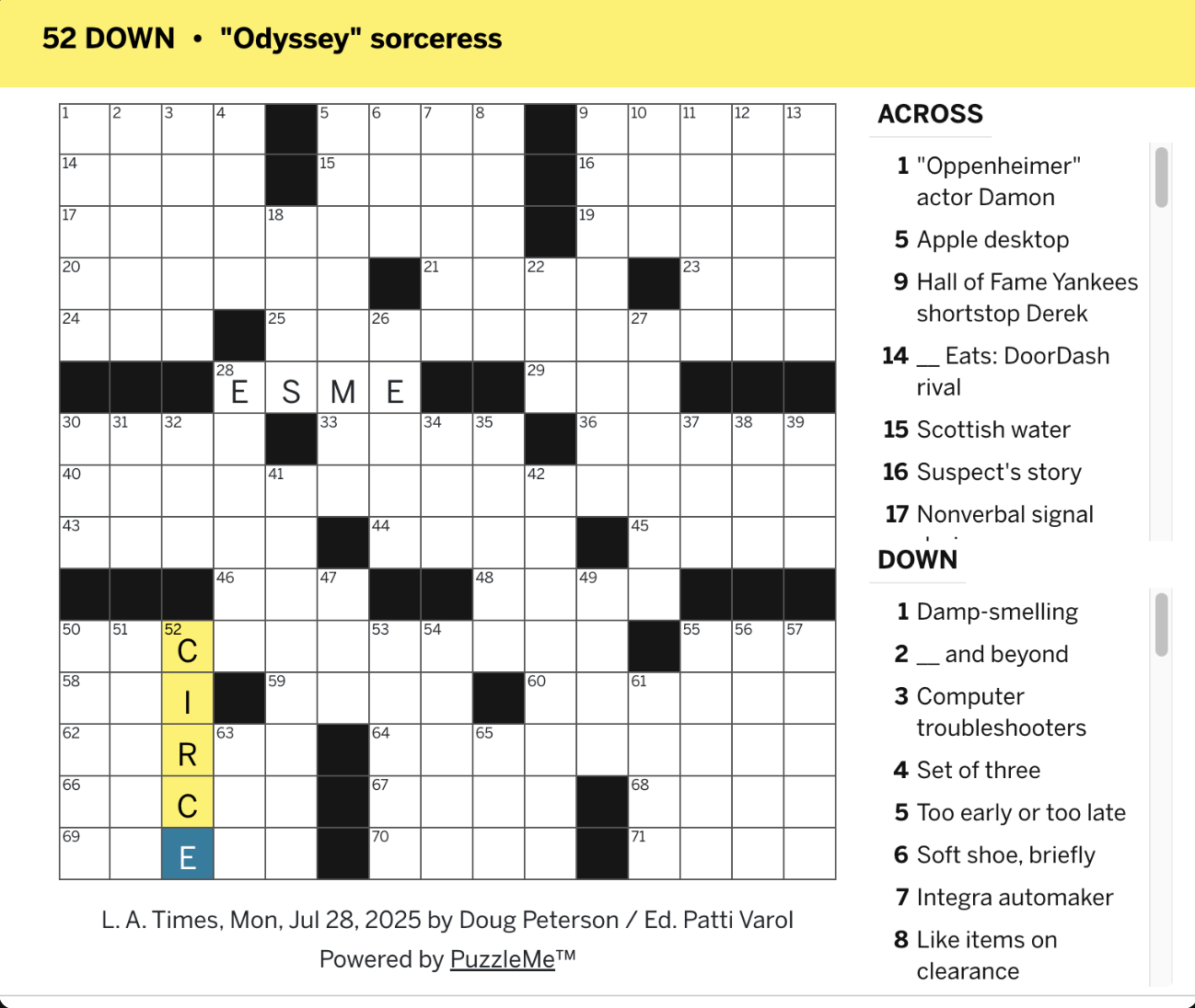 Circe In 27 July LA Times Crossword bonus Esme From ASOUE R Epicthemusical