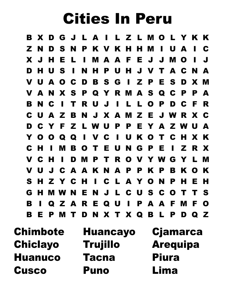 Cities In Peru Word Search WordMint