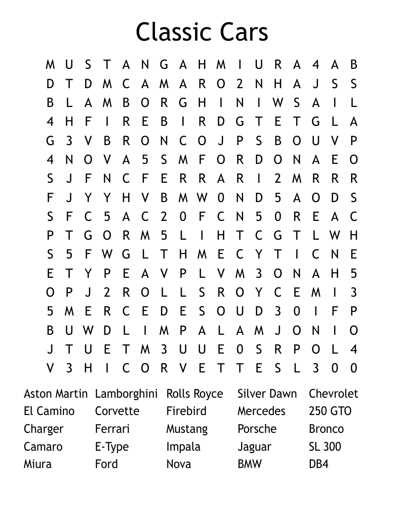 Classic Cars Word Search WordMint