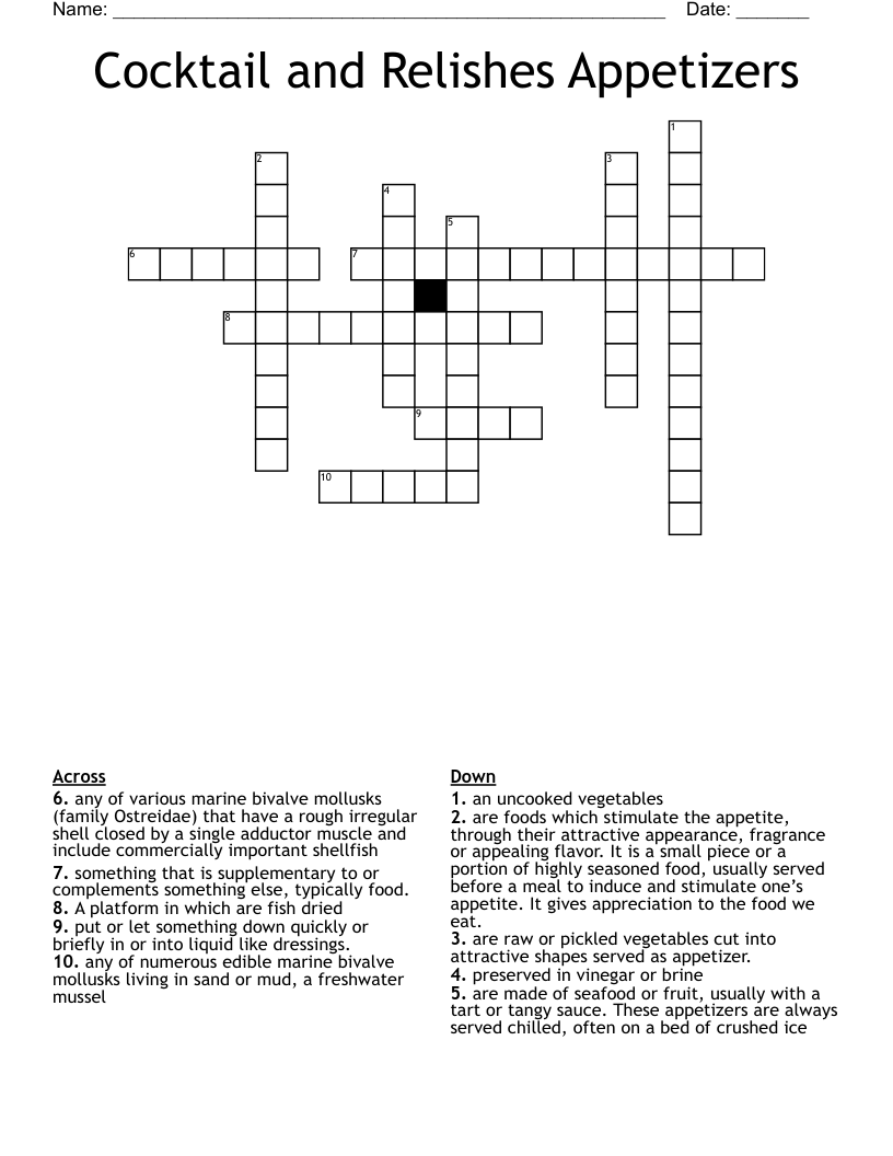 Cocktail And Relishes Appetizers Crossword WordMint