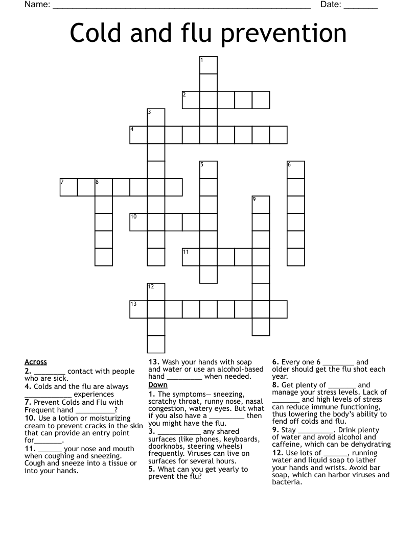 Cold And Flu Prevention Crossword WordMint