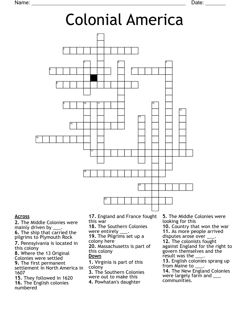 Colonial America Crossword WordMint