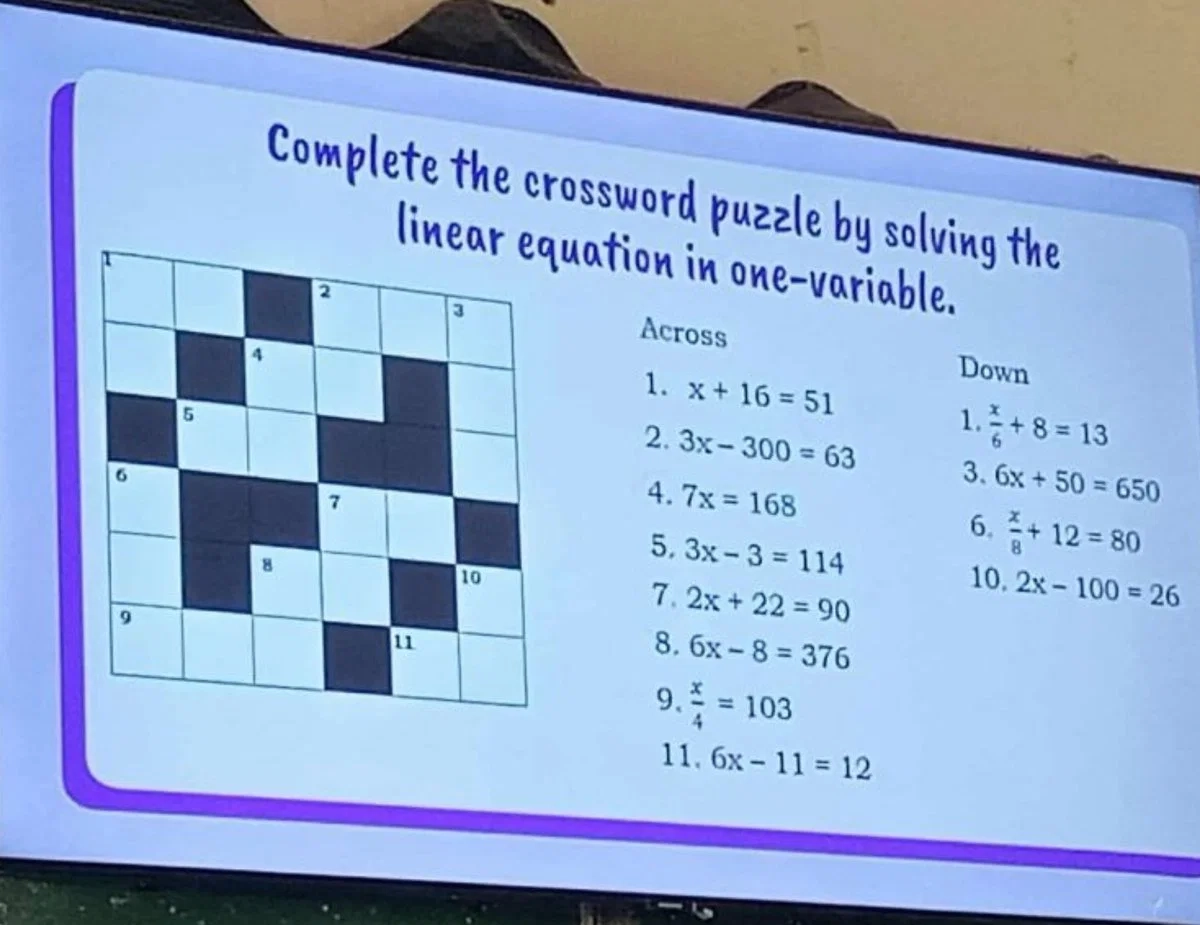 Complete The Crossword Puzzle By Solving The Linear Equation In One varia 