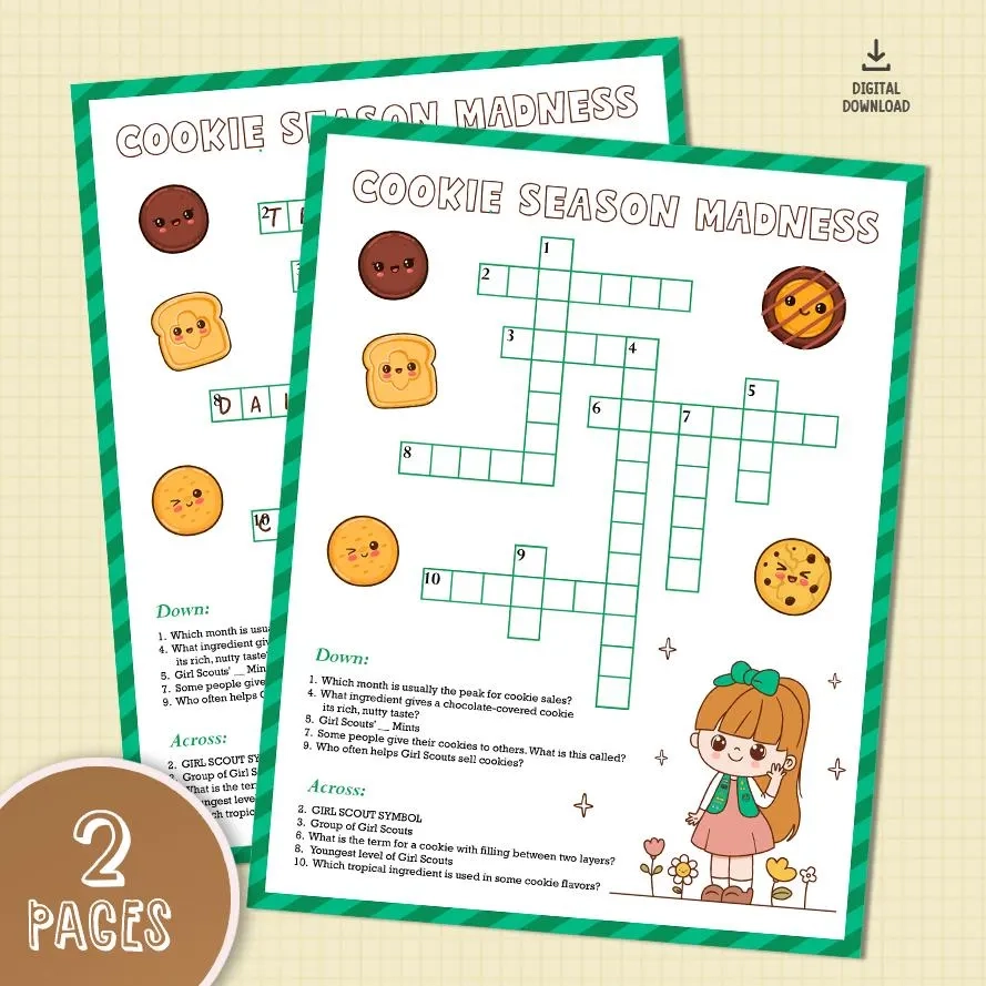 Cookie Season Crossword Puzzle Scout Printable Game Fun Troop Activity For Brownies Daisies Set Of 2 Printables Etsy