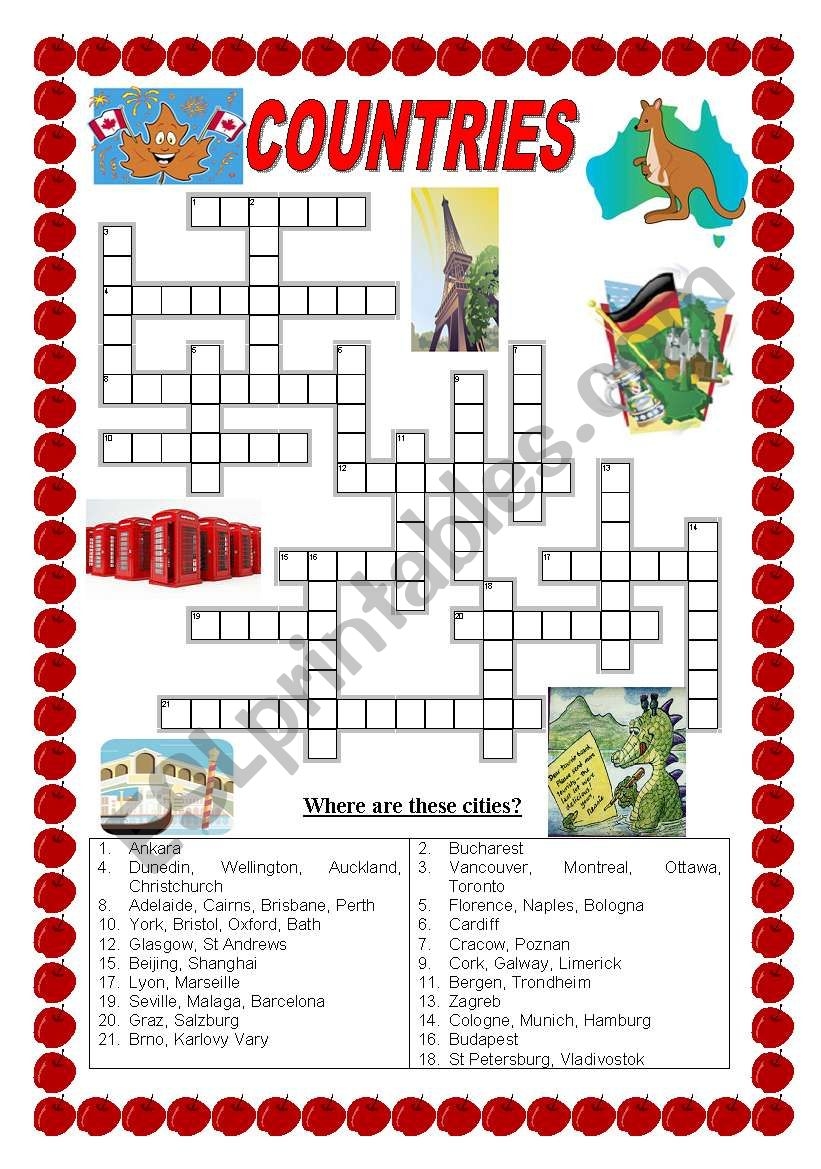 Countries And Cities Crossword ESL Worksheet By Ildibildi