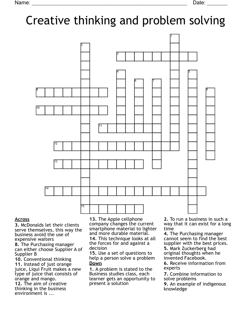 Creative Thinking And Problem Solving Crossword WordMint Creative Thinking And Problem Solving Crossword WordMint