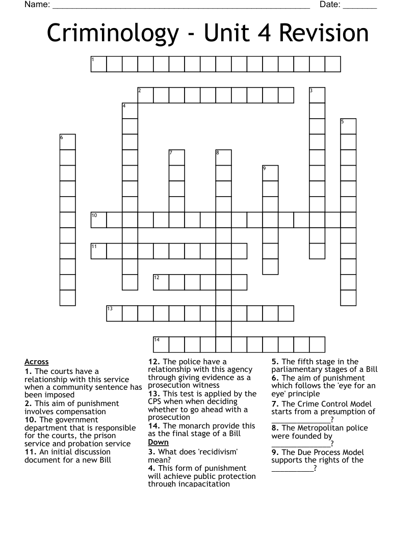 Criminology Unit 4 Revision Crossword WordMint