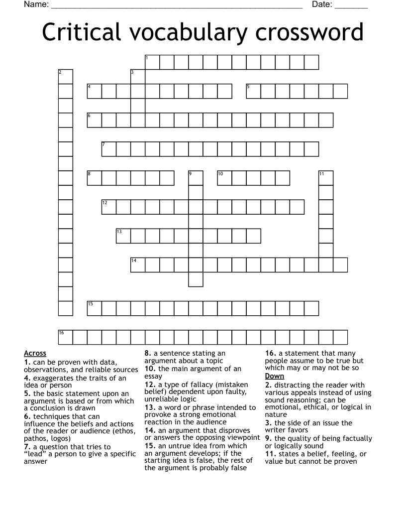 Critical Vocabulary Crossword WordMint