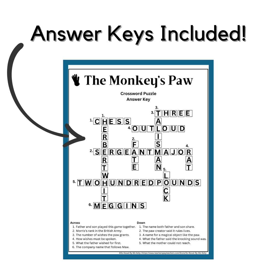 Crossword Puzzle And Word Search For The Short Story The Monkey s Paw Made By Teachers