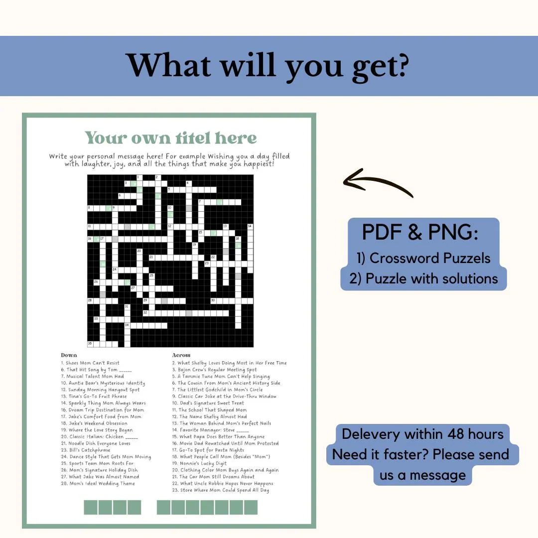 Crossword Puzzle Custom Gift 100 Personalized Crosswords NYT Crossword Hidden Message Puzzle Present 35 Custom Hints Answers Etsy