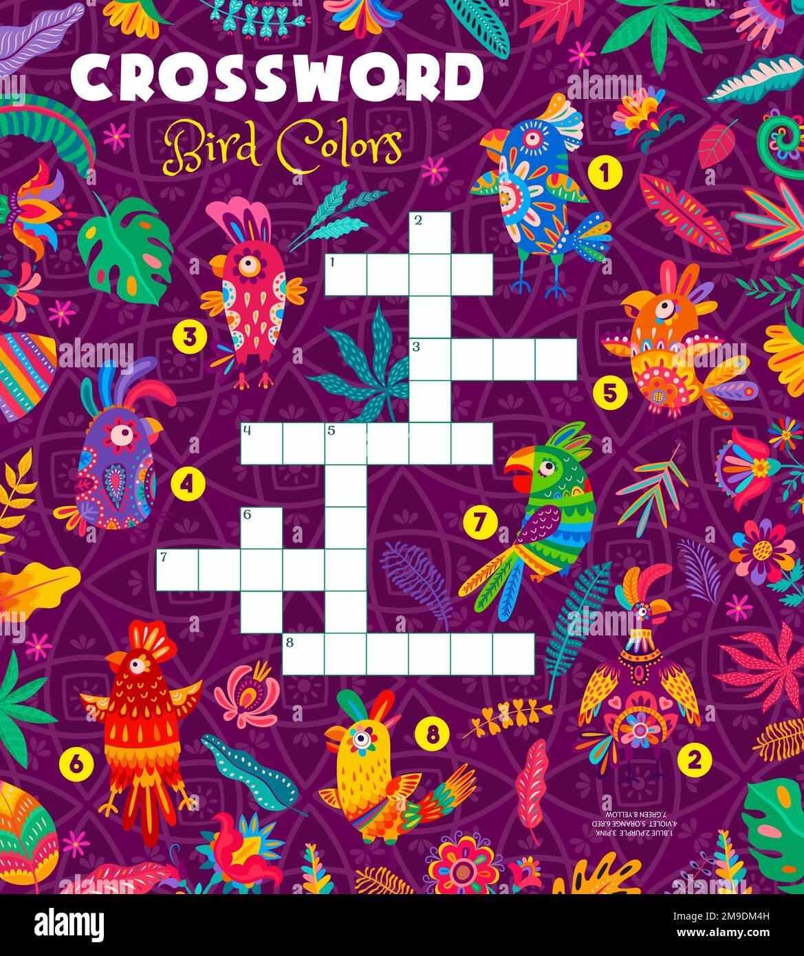 Crossword Quiz Game Find A Color Of Mexican And Brazilian Parrots Vector Cross Word Grid Worksheet With Colorful Tropical Birds In Traditional Alebrije Style Kids Educational Or Recreational Task Stock Vector Image