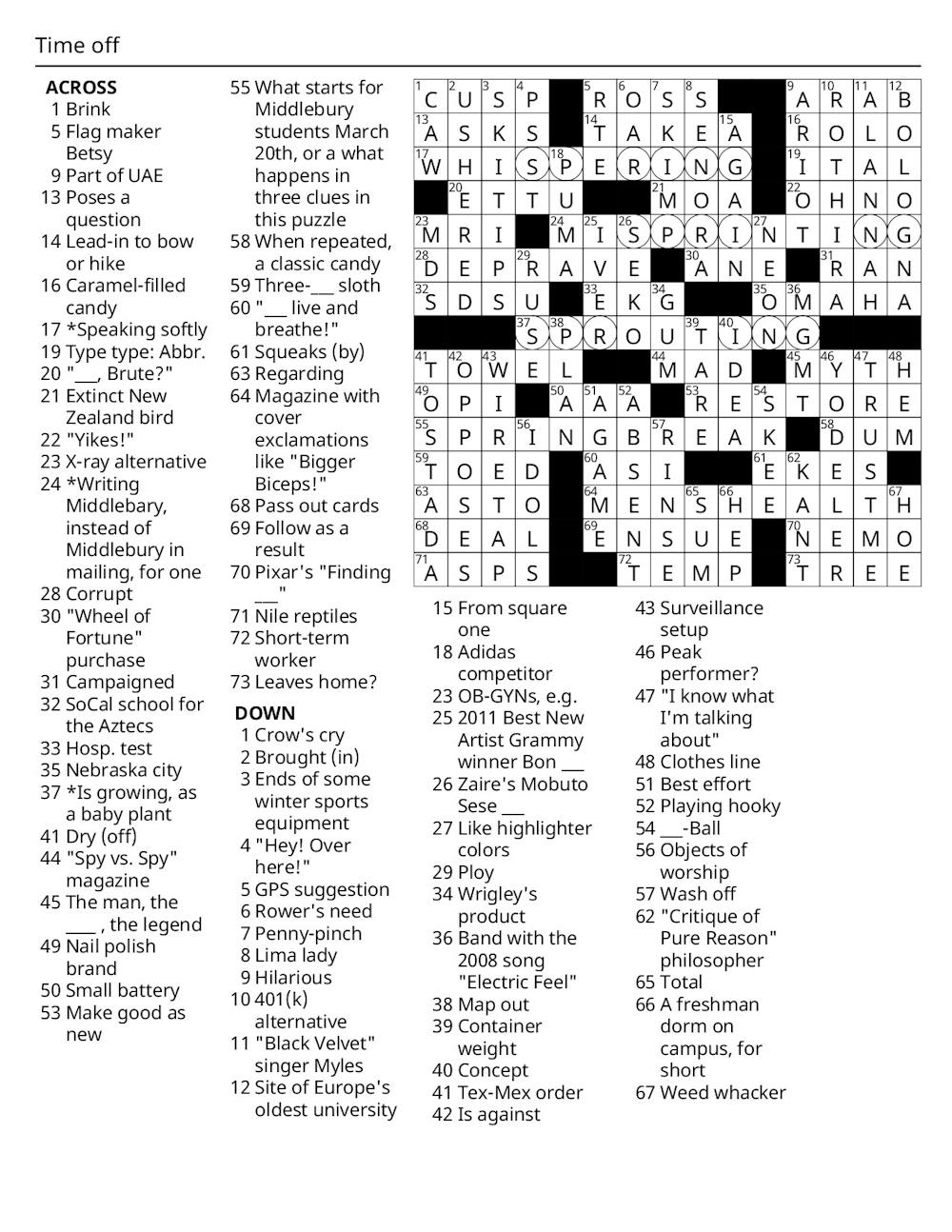Crossword Solutions 03 12 2026 Time Off The Middlebury Campus
